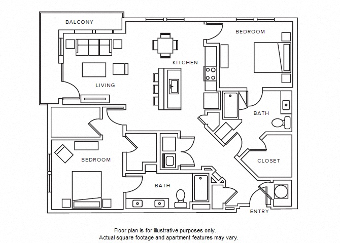 Floor plan for 2 beds, 2 baths, 1381 sqft